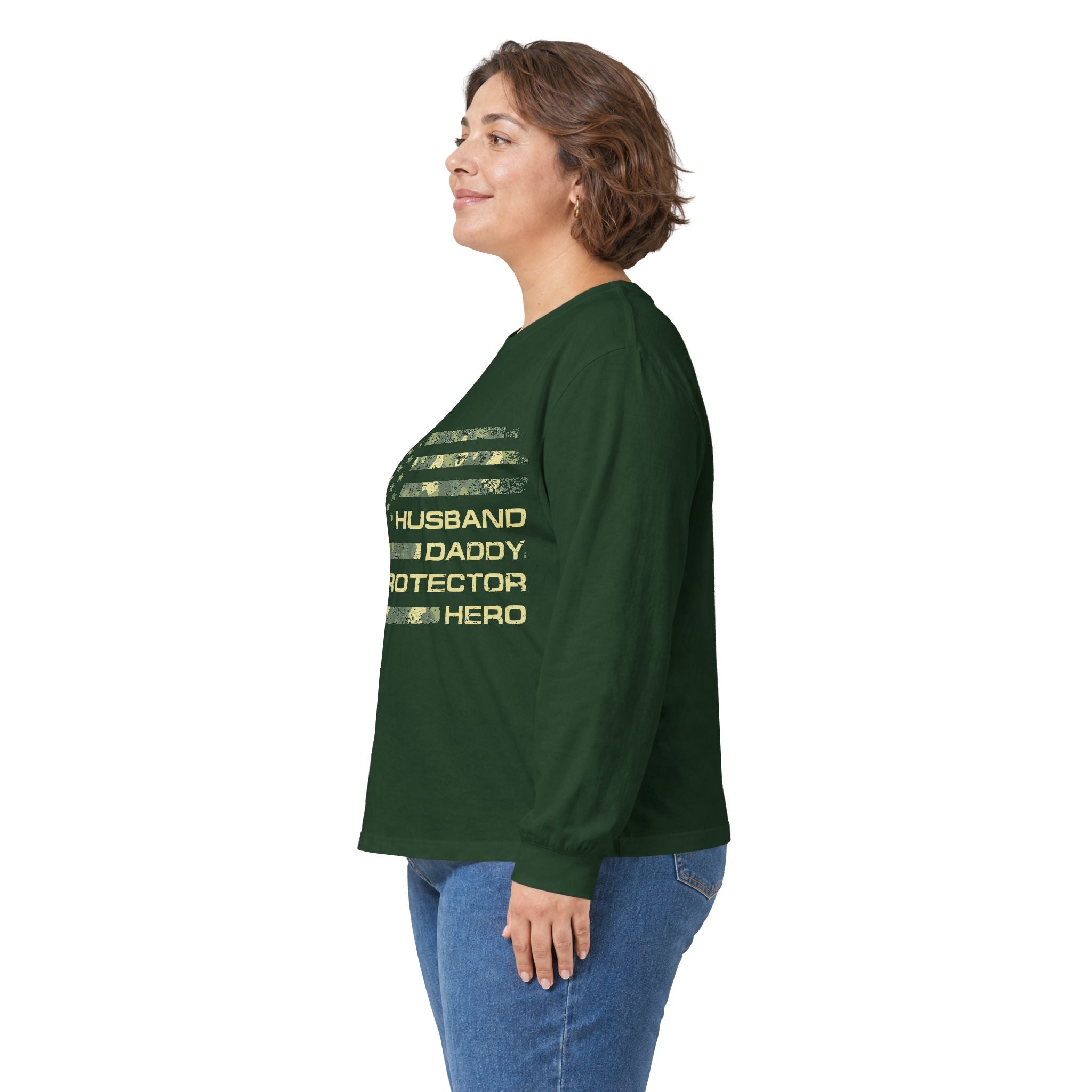 American Flag Camouflage 'Husband Daddy Protector Hero' Long Sleeve Tee
