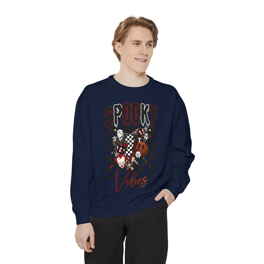 Spooky Vibes Sweatshirt — Halloween Retro Checkerboard Graphic