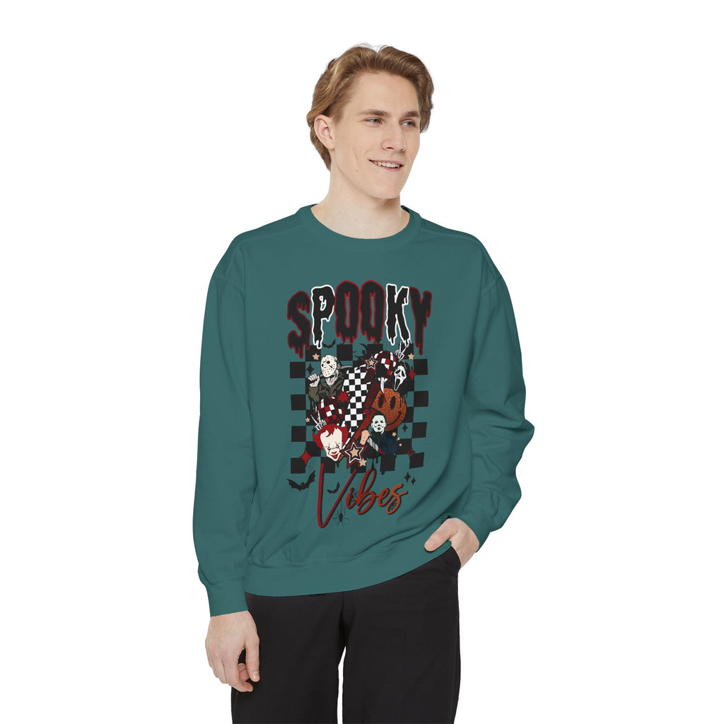 Spooky Vibes Sweatshirt — Halloween Retro Checkerboard Graphic