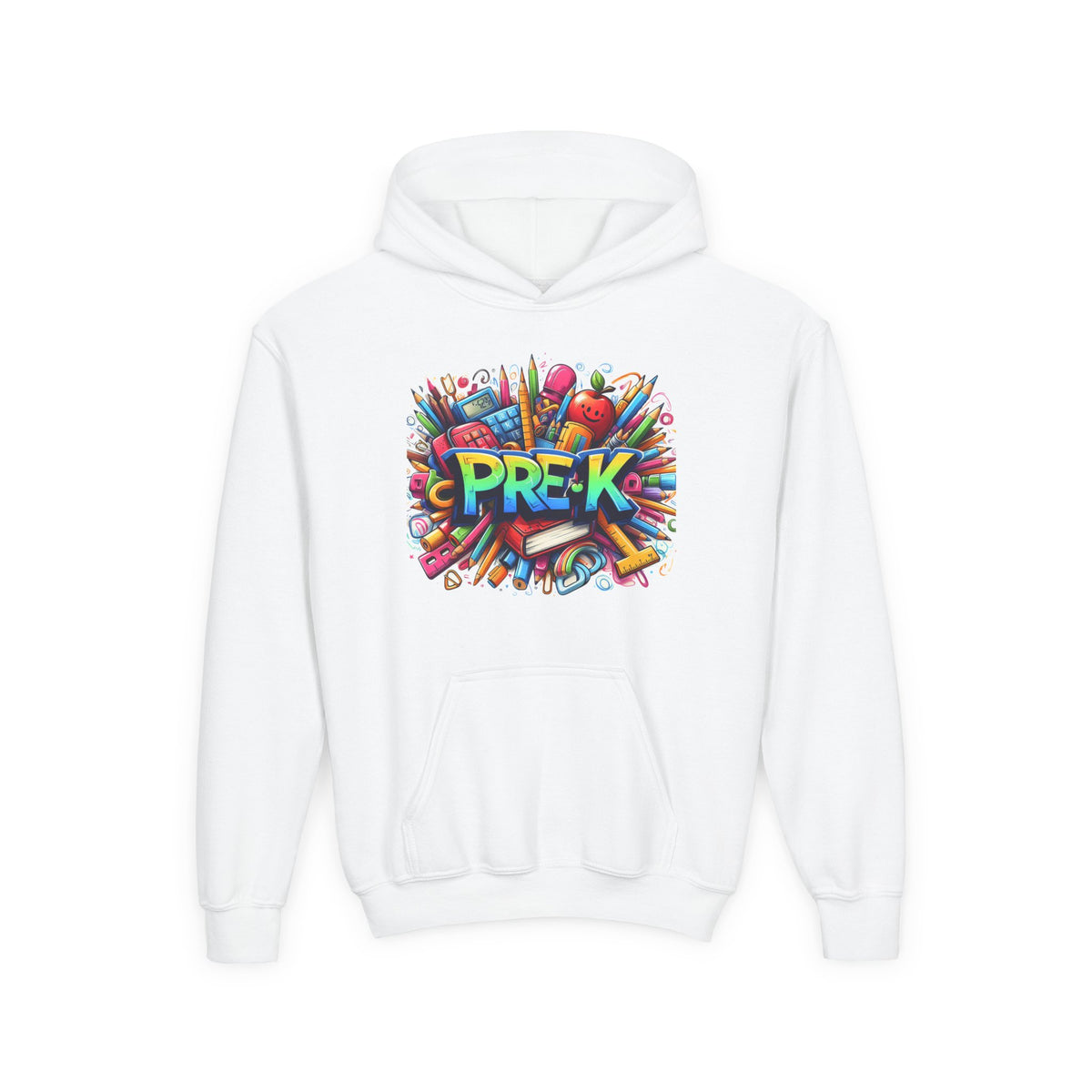 Pre-K Kids Hoodie - Colorful School Supplies Design, Preschool Back-to-School Sweatshirt