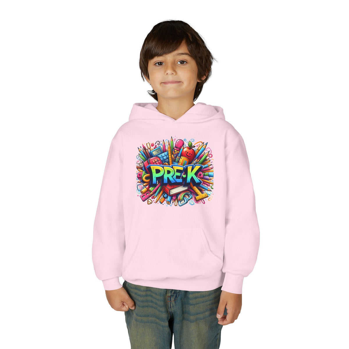 Pre-K Kids Hoodie - Colorful School Supplies Design, Preschool Back-to-School Sweatshirt