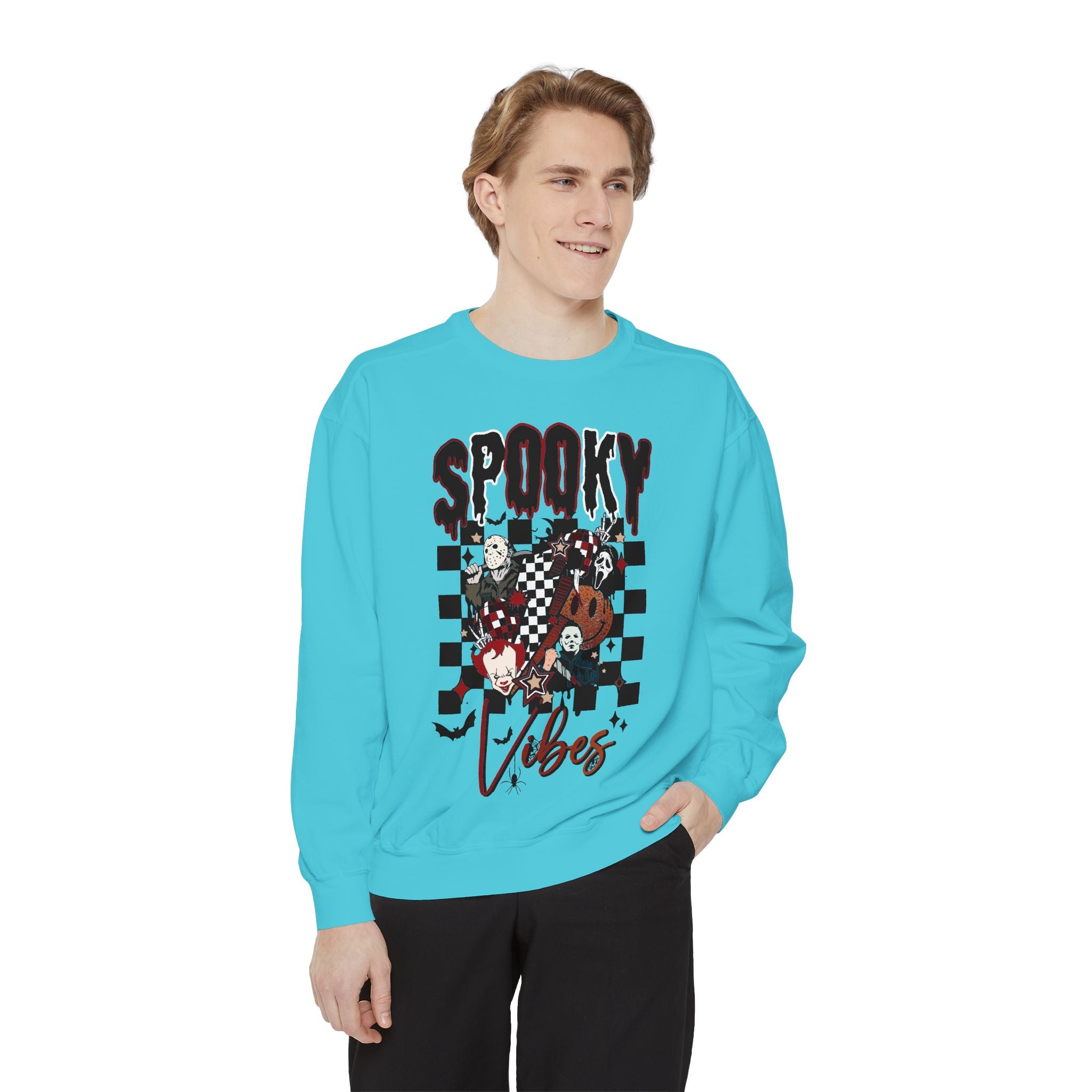 Spooky Vibes Sweatshirt — Halloween Retro Checkerboard Graphic