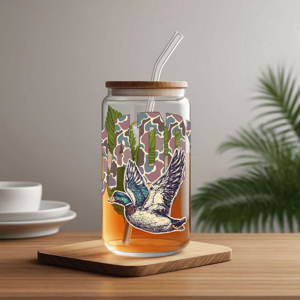 Glass Tumbler with Straw  Bamboo Lid  (16oz) Mama Hunting Dad Deer Camouflage Camo Waterfowl Deer Camo Men TShirt Mallard Duck Hunting Dad Retro Camouflage Daddy Father's Day TShirt