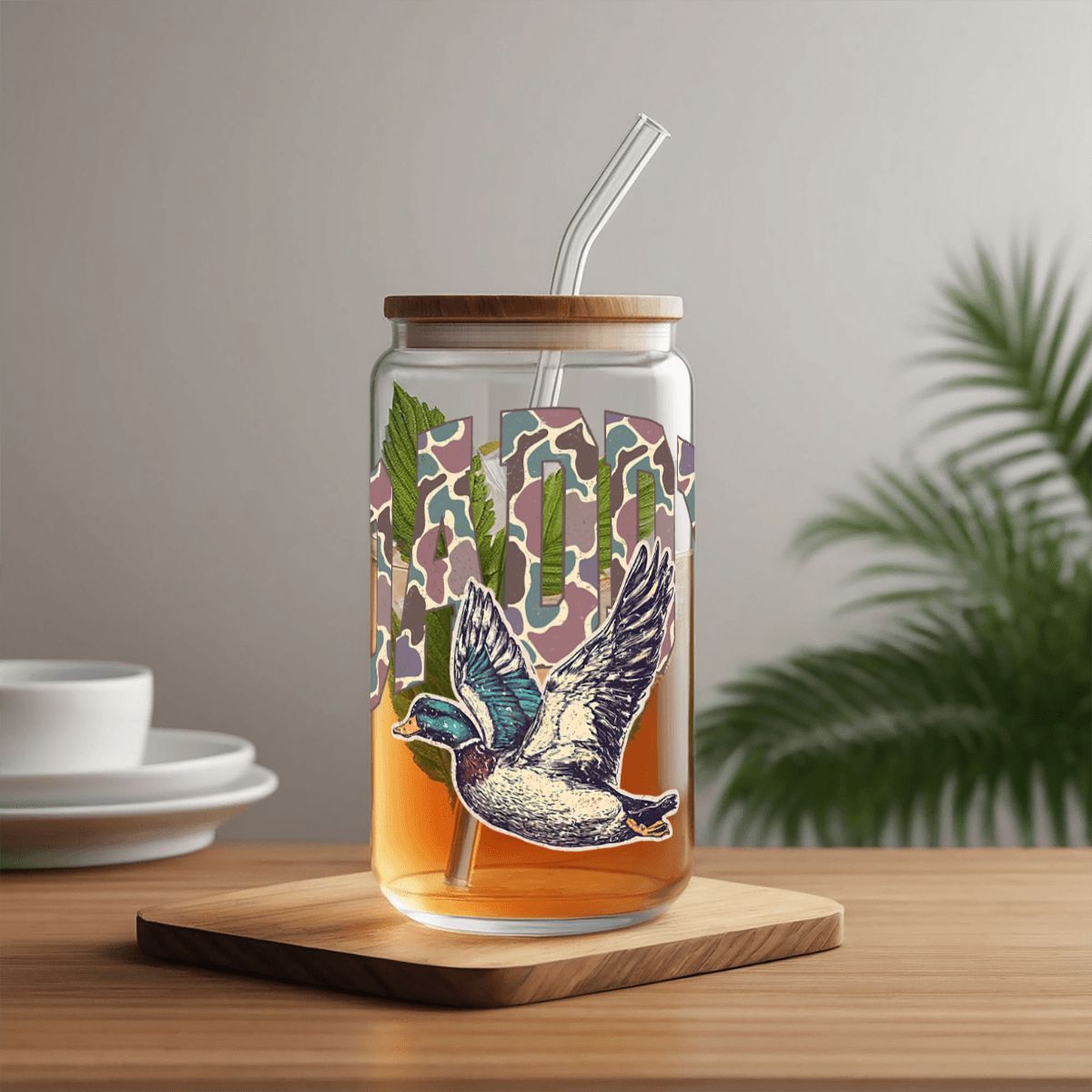 Glass Tumbler with Straw  Bamboo Lid  (16oz) Mama Hunting Dad Deer Camouflage Camo Waterfowl Deer Camo Men TShirt Mallard Duck Hunting Dad Retro Camouflage Daddy Father's Day TShirt