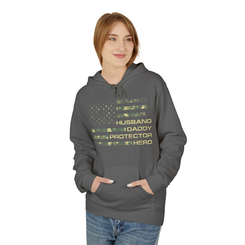 Veteran Tribute Flag Hoodie – 'Husband Daddy Protector Hero' Camouflage Pullover