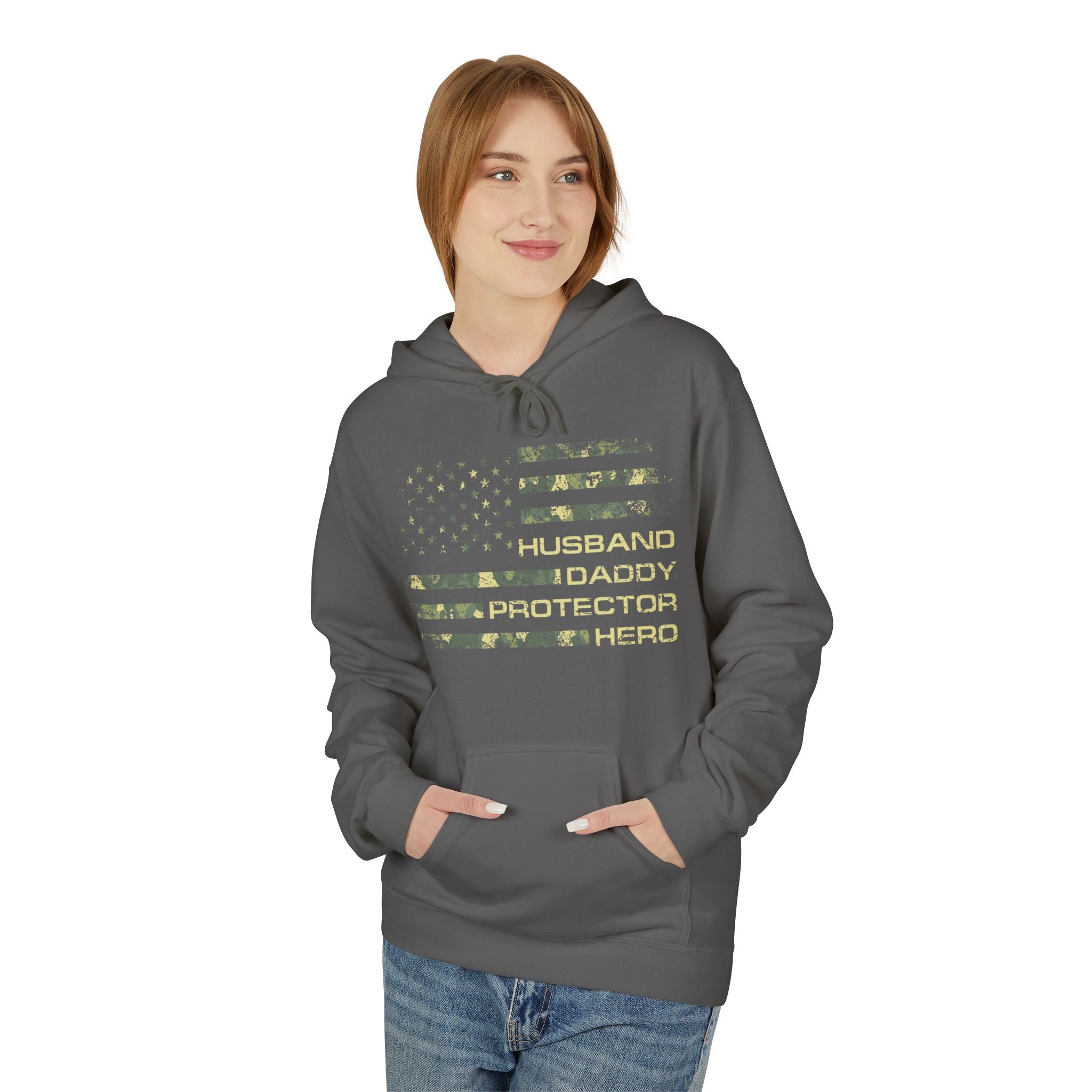 Veteran Tribute Flag Hoodie – 'Husband Daddy Protector Hero' Camouflage Pullover