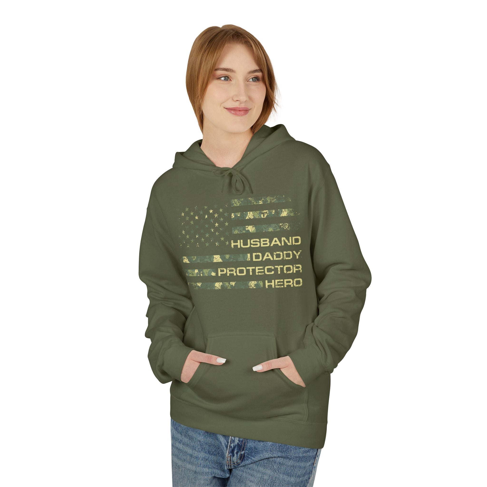 Veteran Tribute Flag Hoodie – 'Husband Daddy Protector Hero' Camouflage Pullover