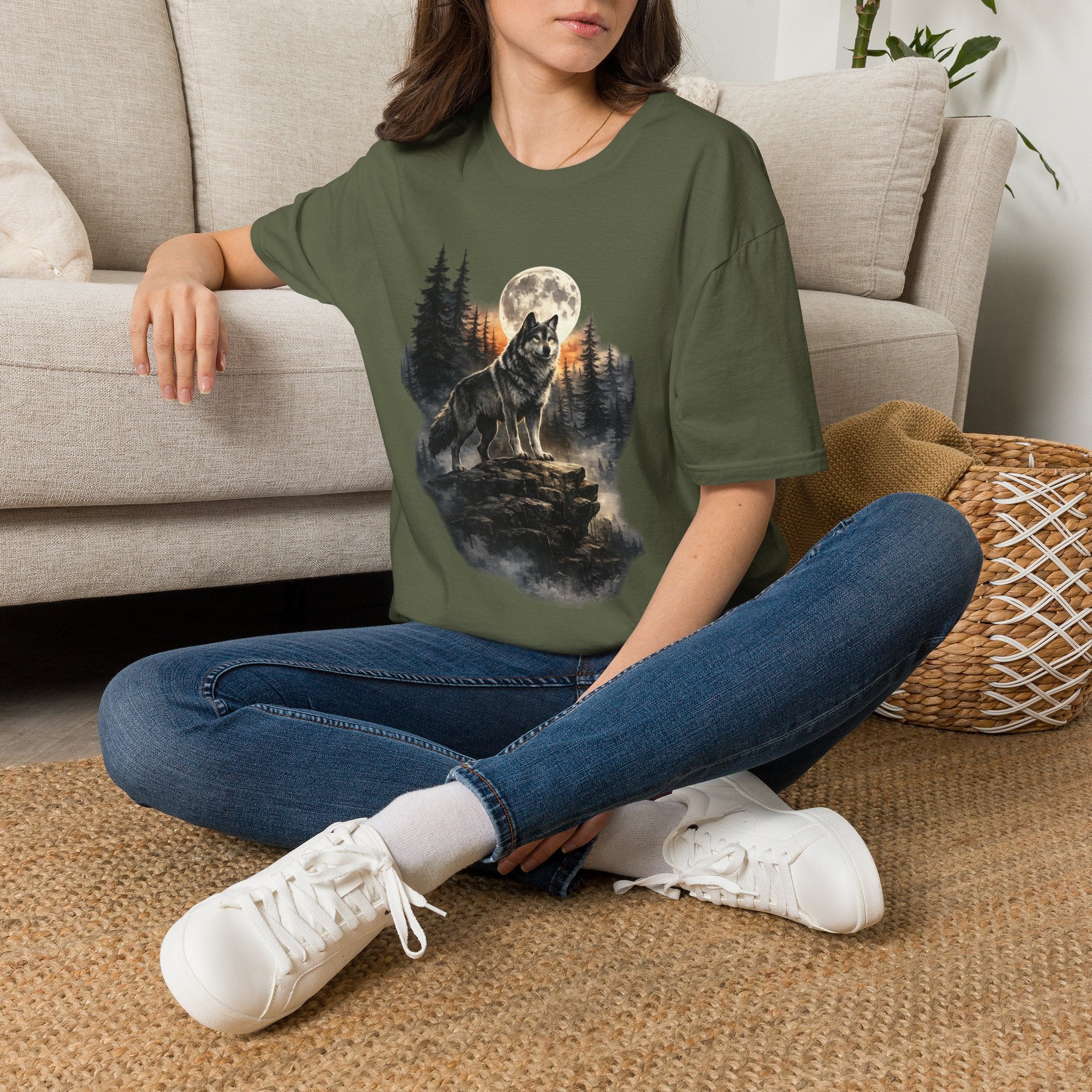 Wolf Moon T‑Shirt — Howling Wolf Forest Graphic Tee