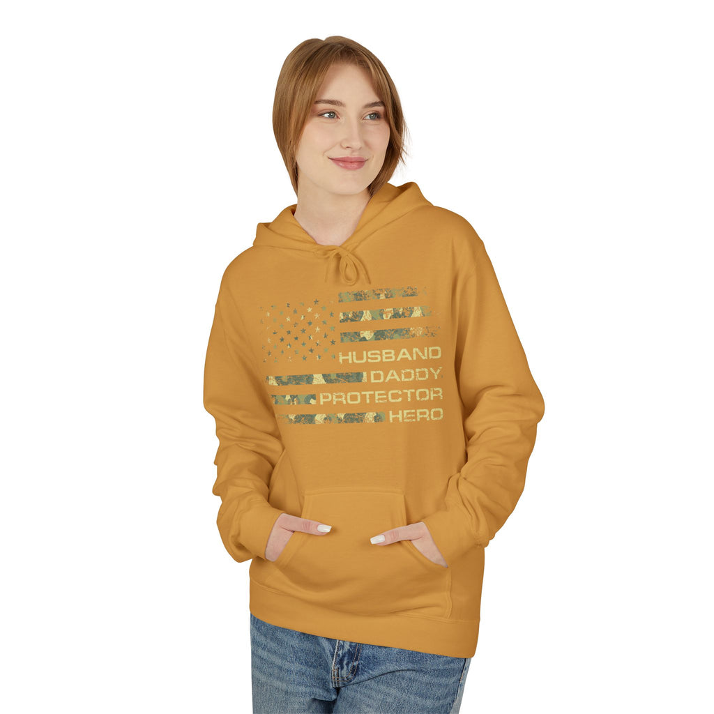 Veteran Tribute Flag Hoodie – 'Husband Daddy Protector Hero' Camouflage Pullover