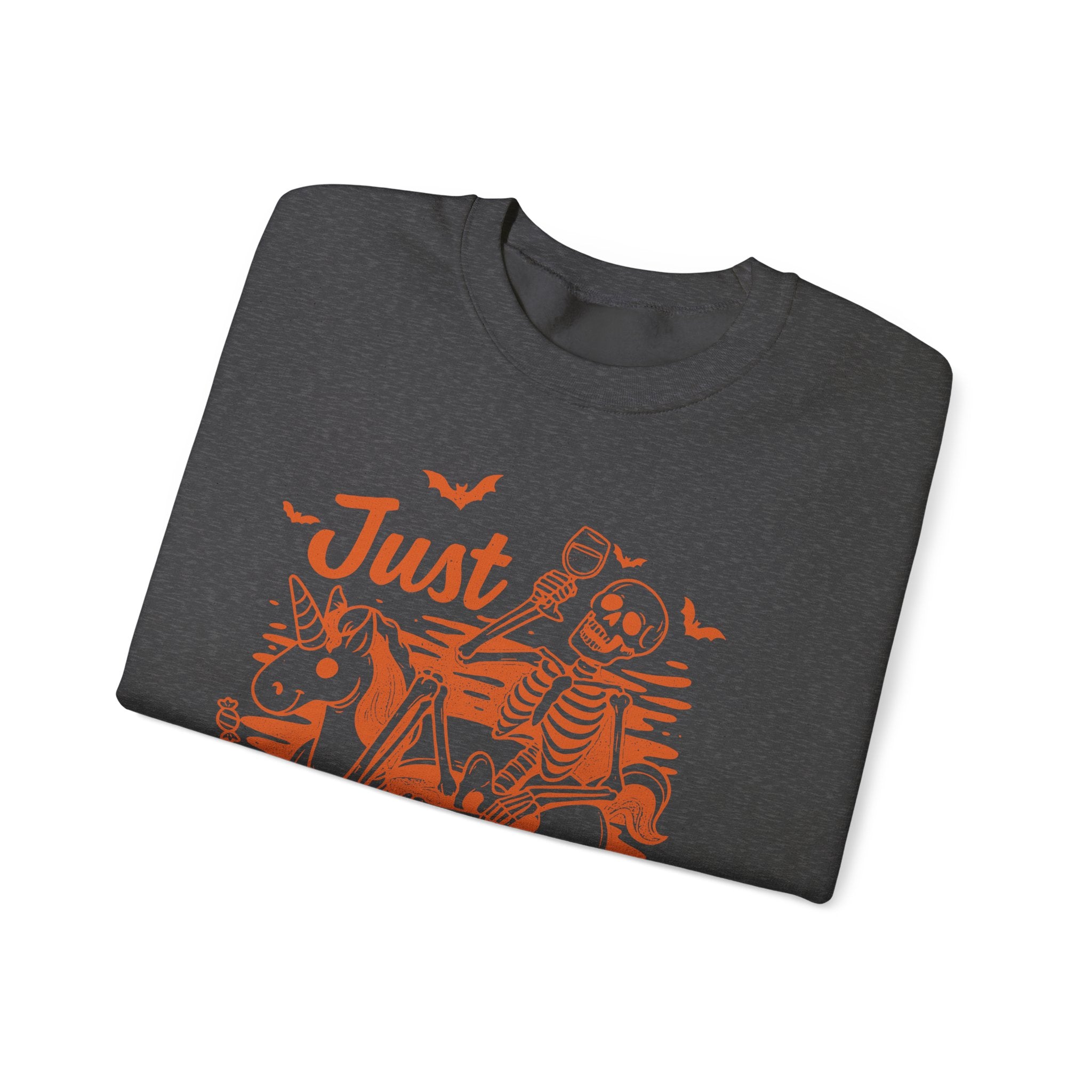 Halloween Sweatshirt — "Just Waiting for Halloween" Skeleton Unicorn Crewneck