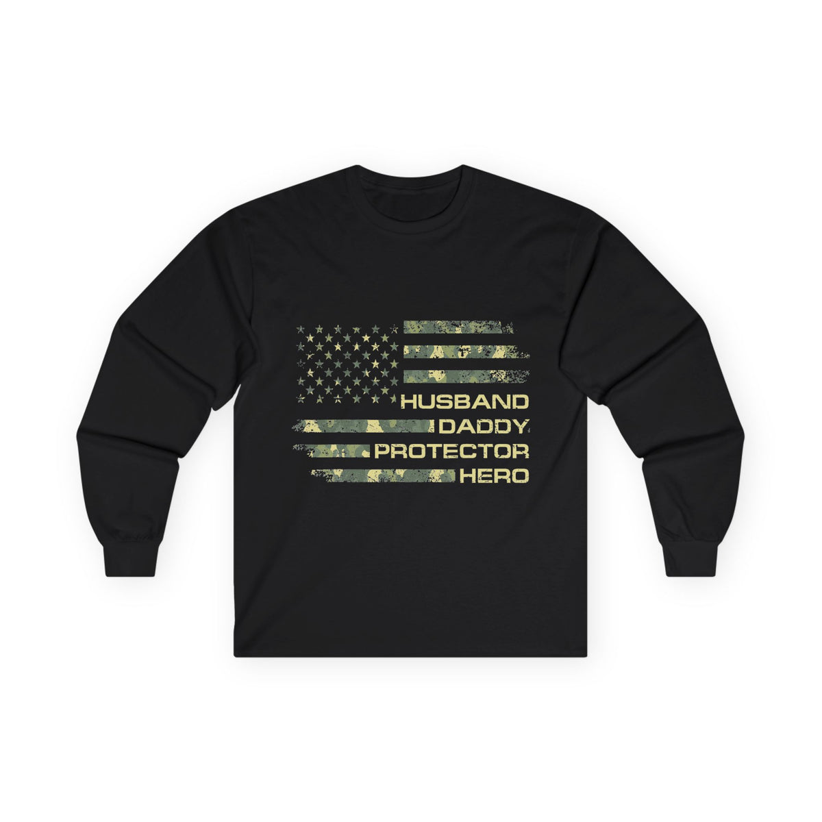 American Flag Camouflage 'Husband Daddy Protector Hero' Long Sleeve Tee
