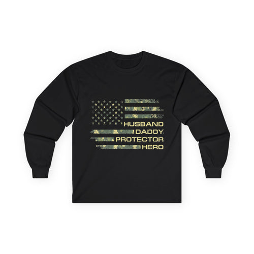 American Flag Camouflage 'Husband Daddy Protector Hero' Long Sleeve Tee