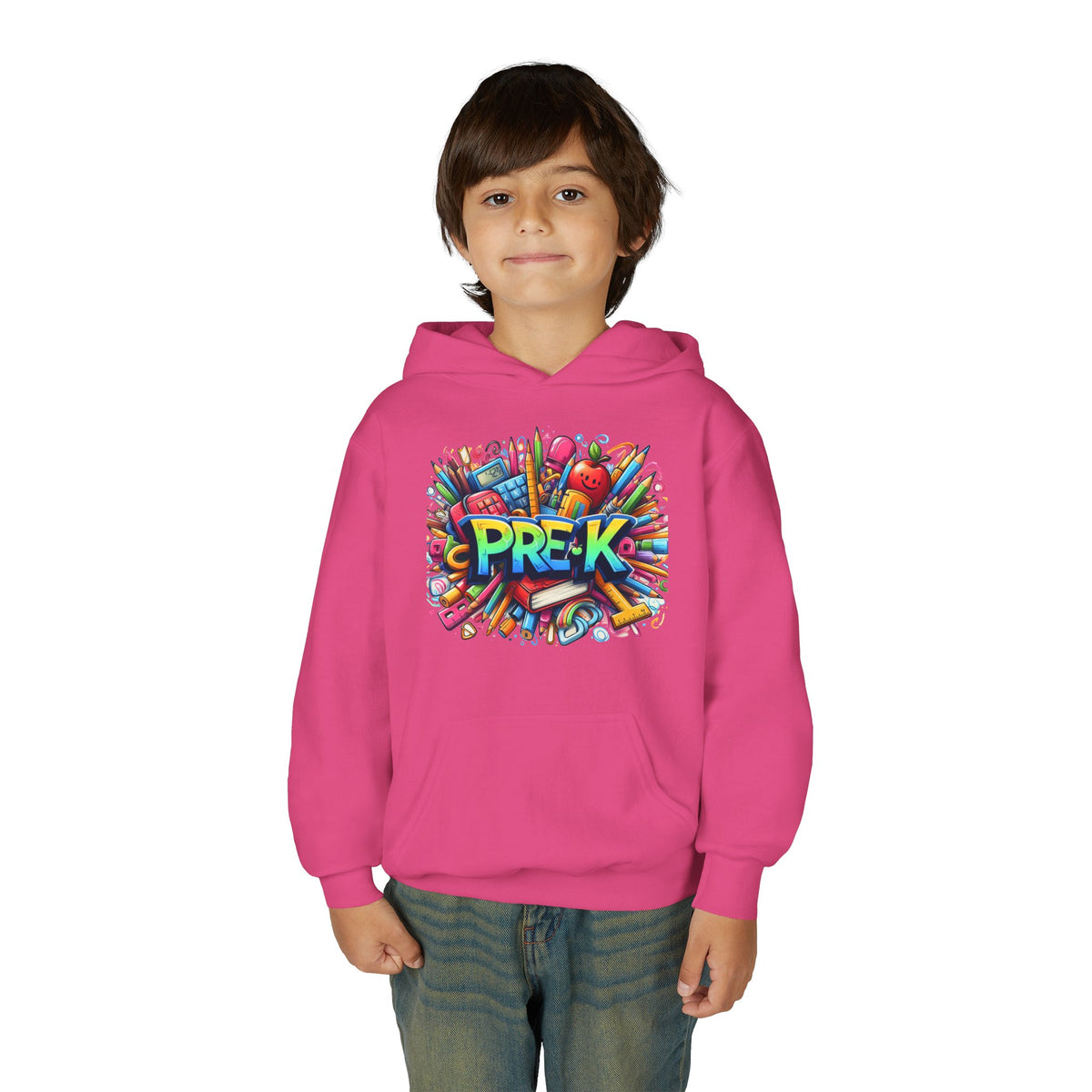 Pre-K Kids Hoodie - Colorful School Supplies Design, Preschool Back-to-School Sweatshirt