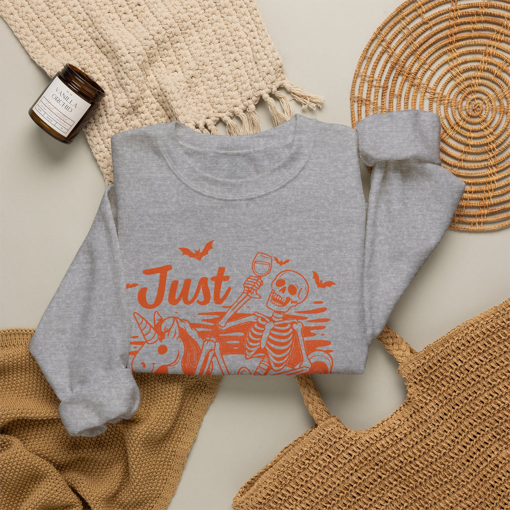 Halloween Sweatshirt — "Just Waiting for Halloween" Skeleton Unicorn Crewneck