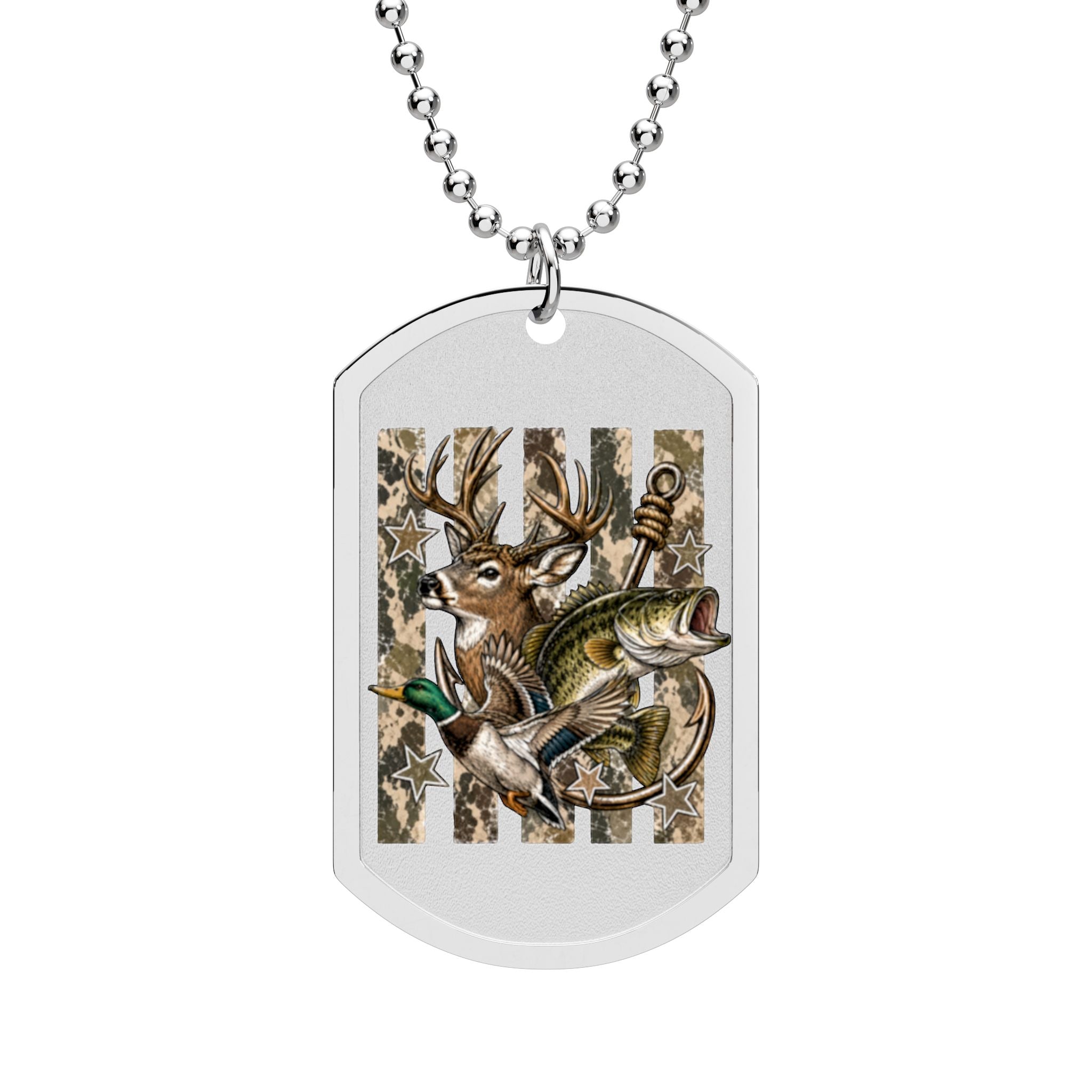 Deer & Bass Camo Dog Tag Necklace — Hunting Fishing Pet Tag