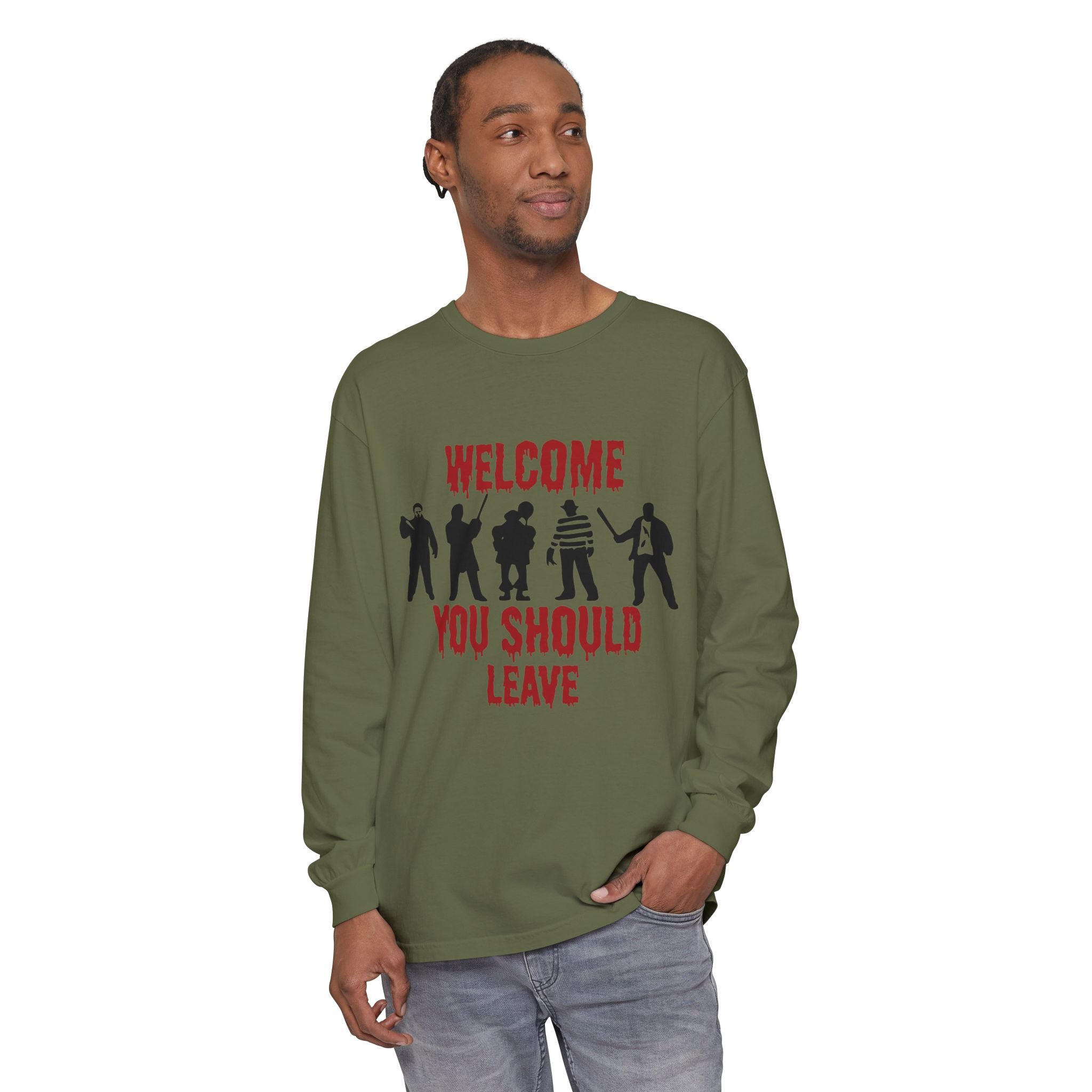 Welcome You Should Leave Long Sleeve T-Shirt — Horror Movie Silhouette Tee