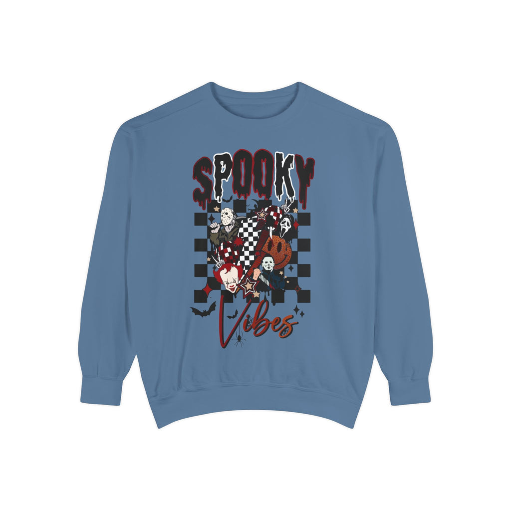 Spooky Vibes Sweatshirt — Halloween Retro Checkerboard Graphic