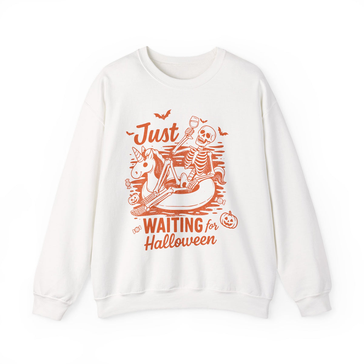 Halloween Sweatshirt — "Just Waiting for Halloween" Skeleton Unicorn Crewneck