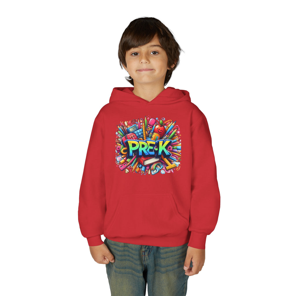 Pre-K Kids Hoodie - Colorful School Supplies Design, Preschool Back-to-School Sweatshirt