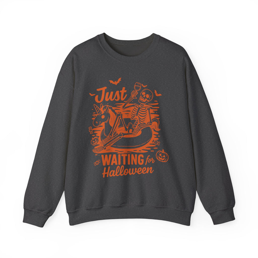 Halloween Sweatshirt — "Just Waiting for Halloween" Skeleton Unicorn Crewneck
