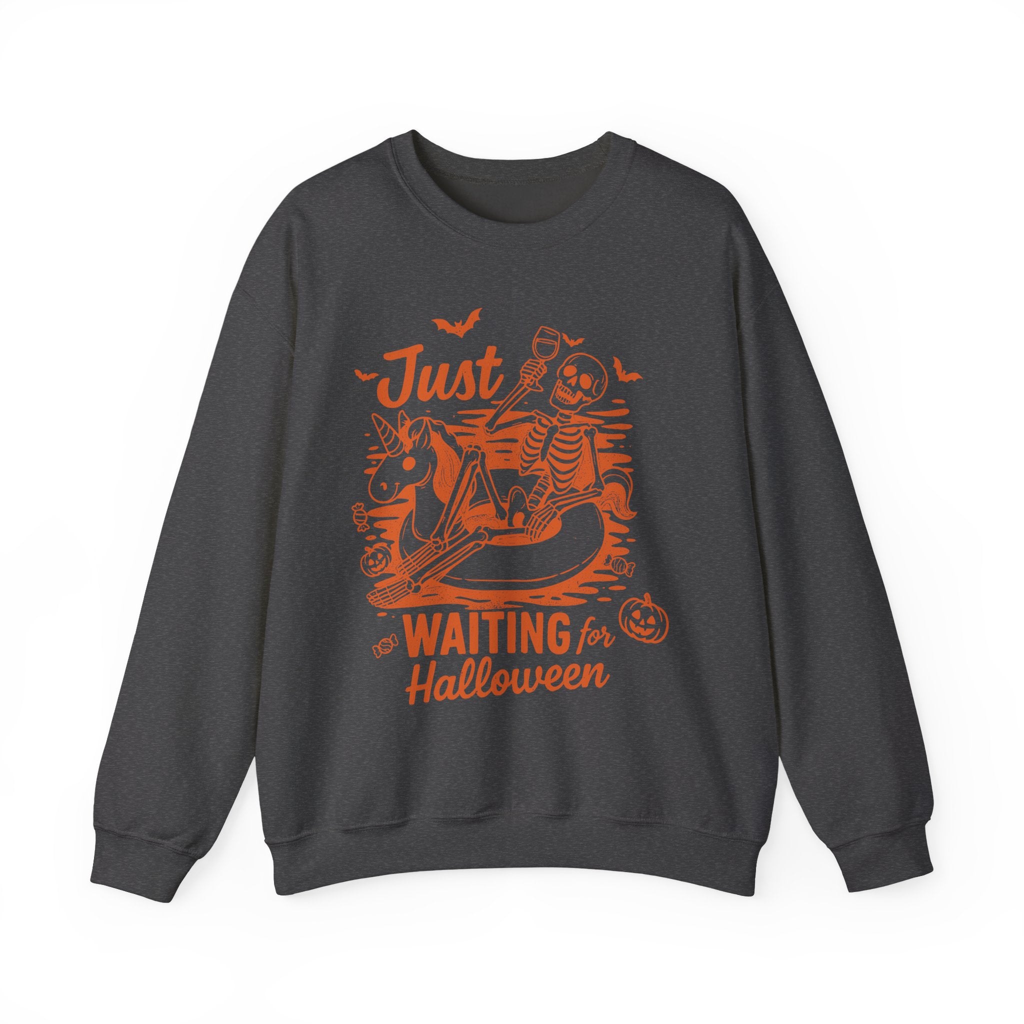 Halloween Sweatshirt — "Just Waiting for Halloween" Skeleton Unicorn Crewneck