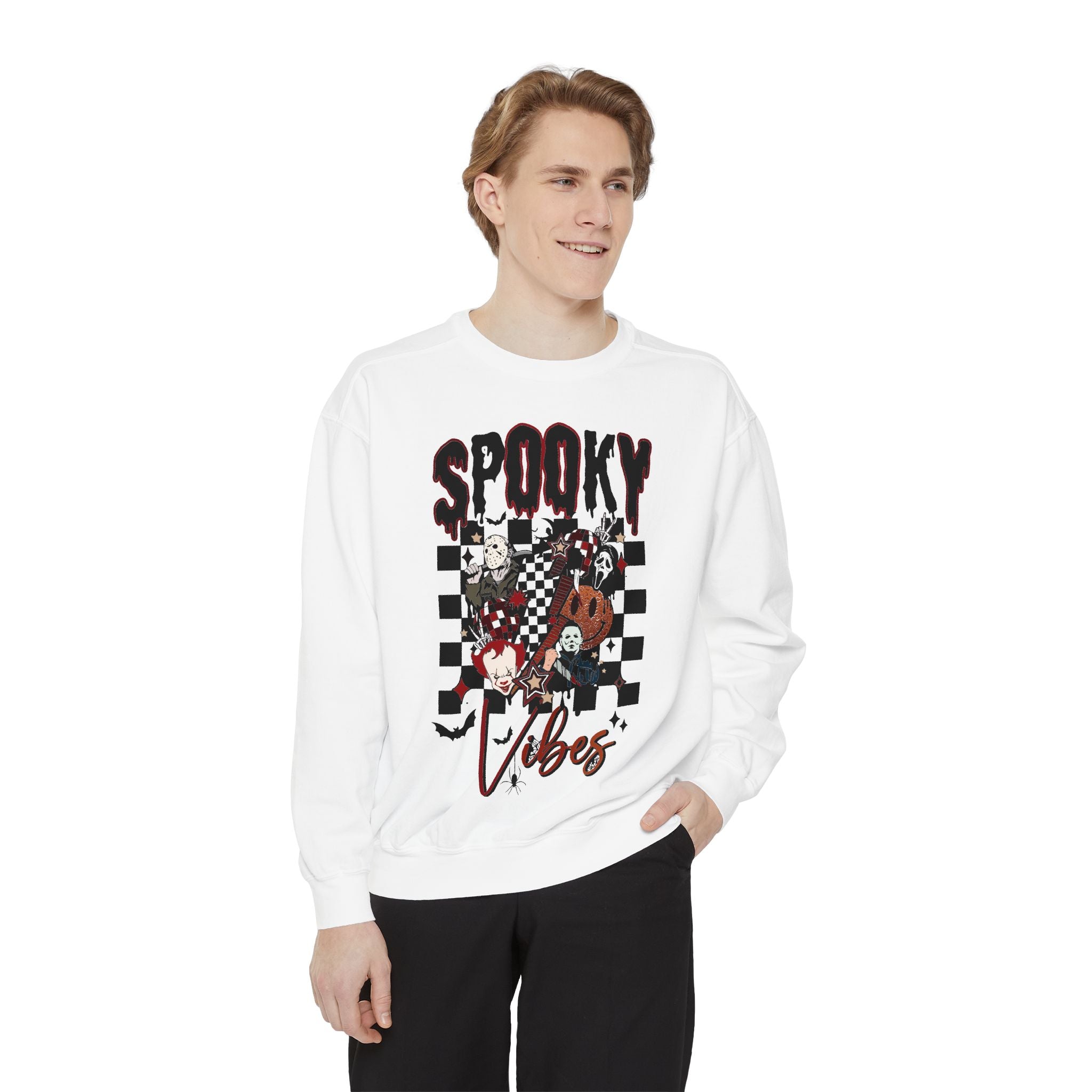 Spooky Vibes Sweatshirt — Halloween Retro Checkerboard Graphic