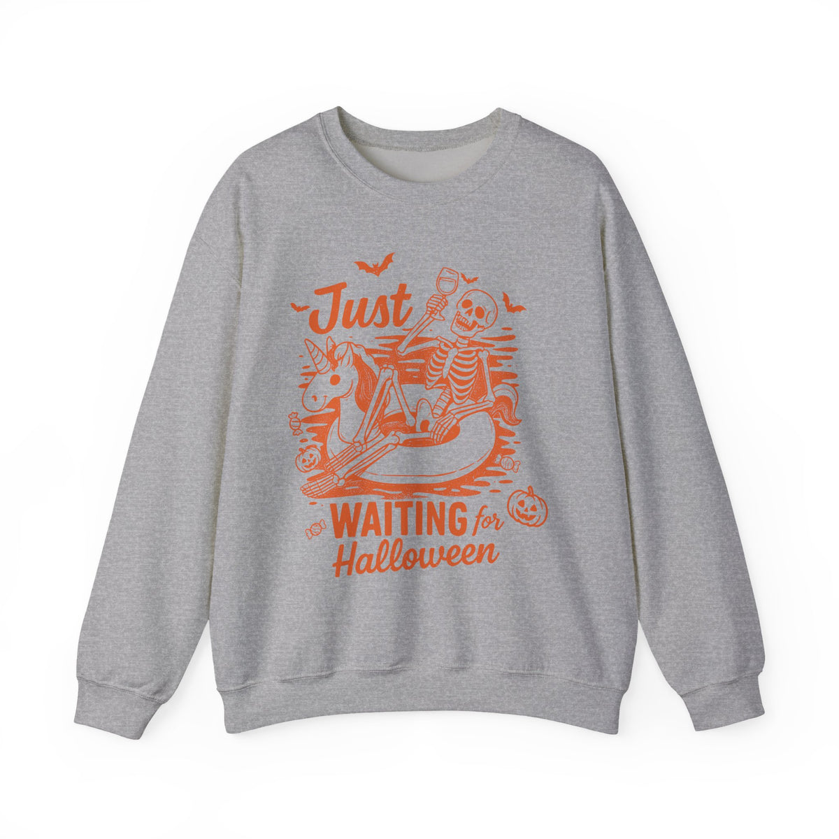 Halloween Sweatshirt — "Just Waiting for Halloween" Skeleton Unicorn Crewneck