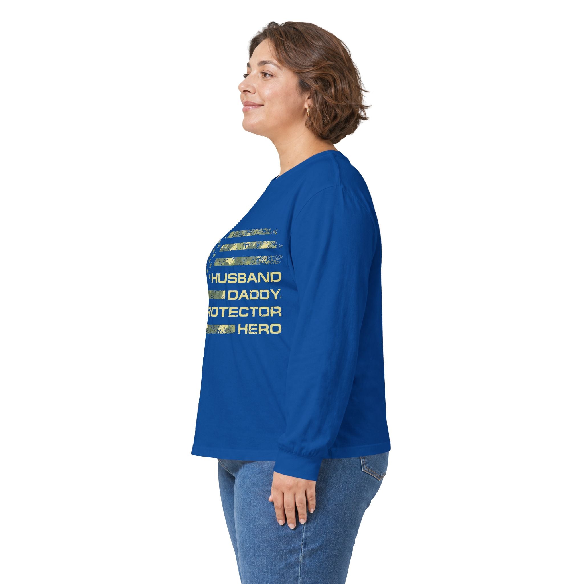 American Flag Camouflage 'Husband Daddy Protector Hero' Long Sleeve Tee