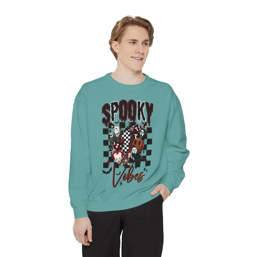 Spooky Vibes Sweatshirt — Halloween Retro Checkerboard Graphic