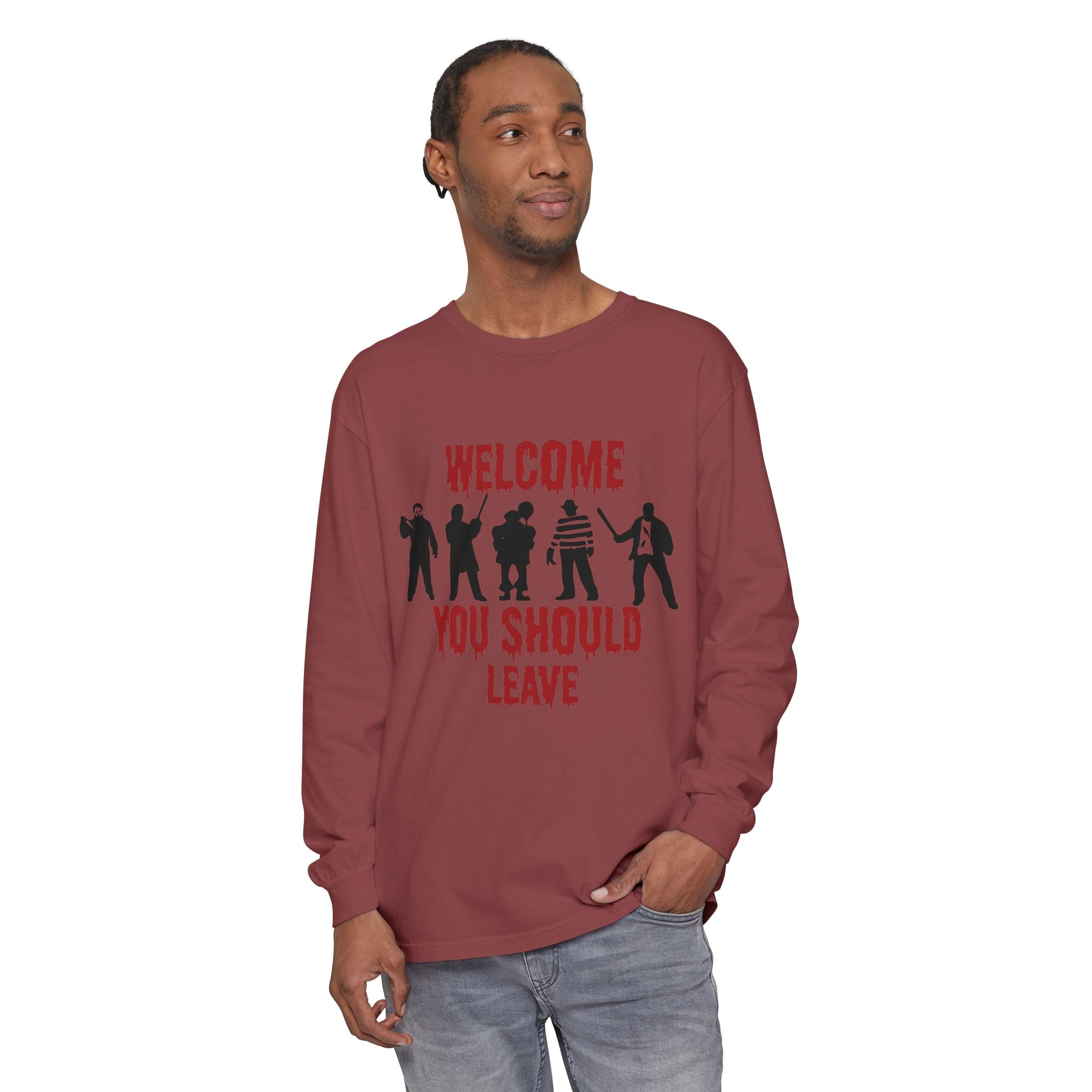 Welcome You Should Leave Long Sleeve T-Shirt — Horror Movie Silhouette Tee