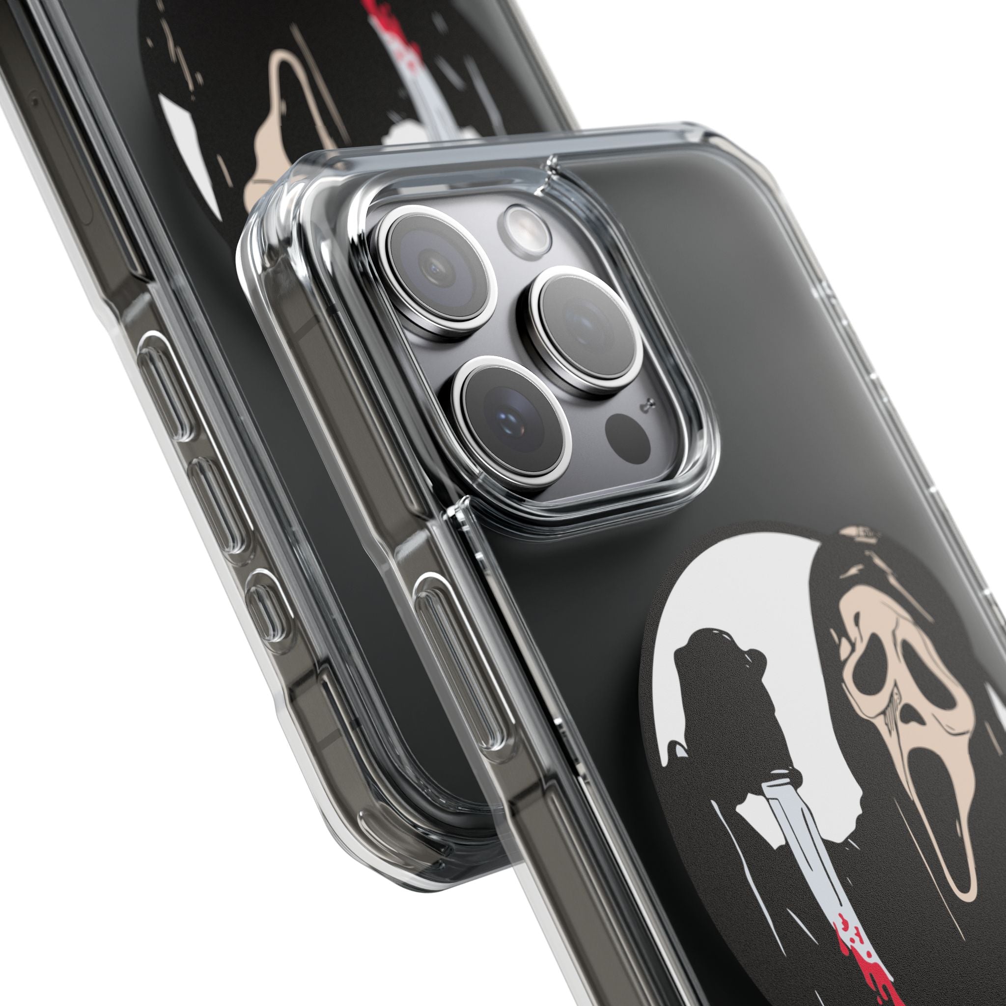Clear Magnetic Phone Case — Scream Mask & Knife Horror Design