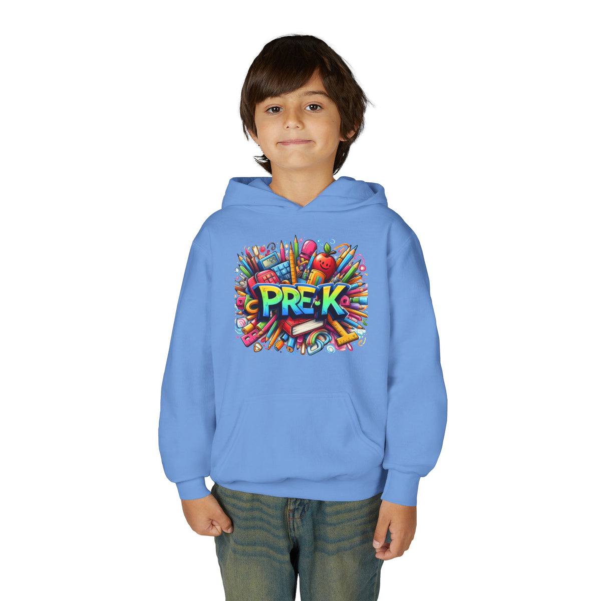Pre-K Kids Hoodie - Colorful School Supplies Design, Preschool Back-to-School Sweatshirt