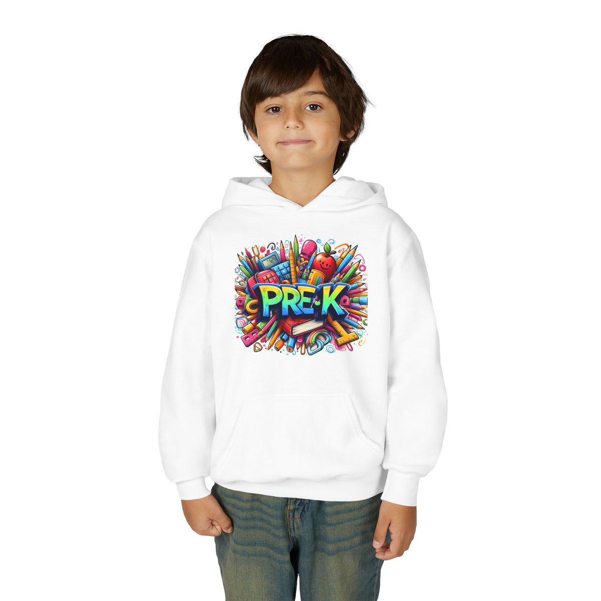 Pre-K Kids Hoodie - Colorful School Supplies Design, Preschool Back-to-School Sweatshirt