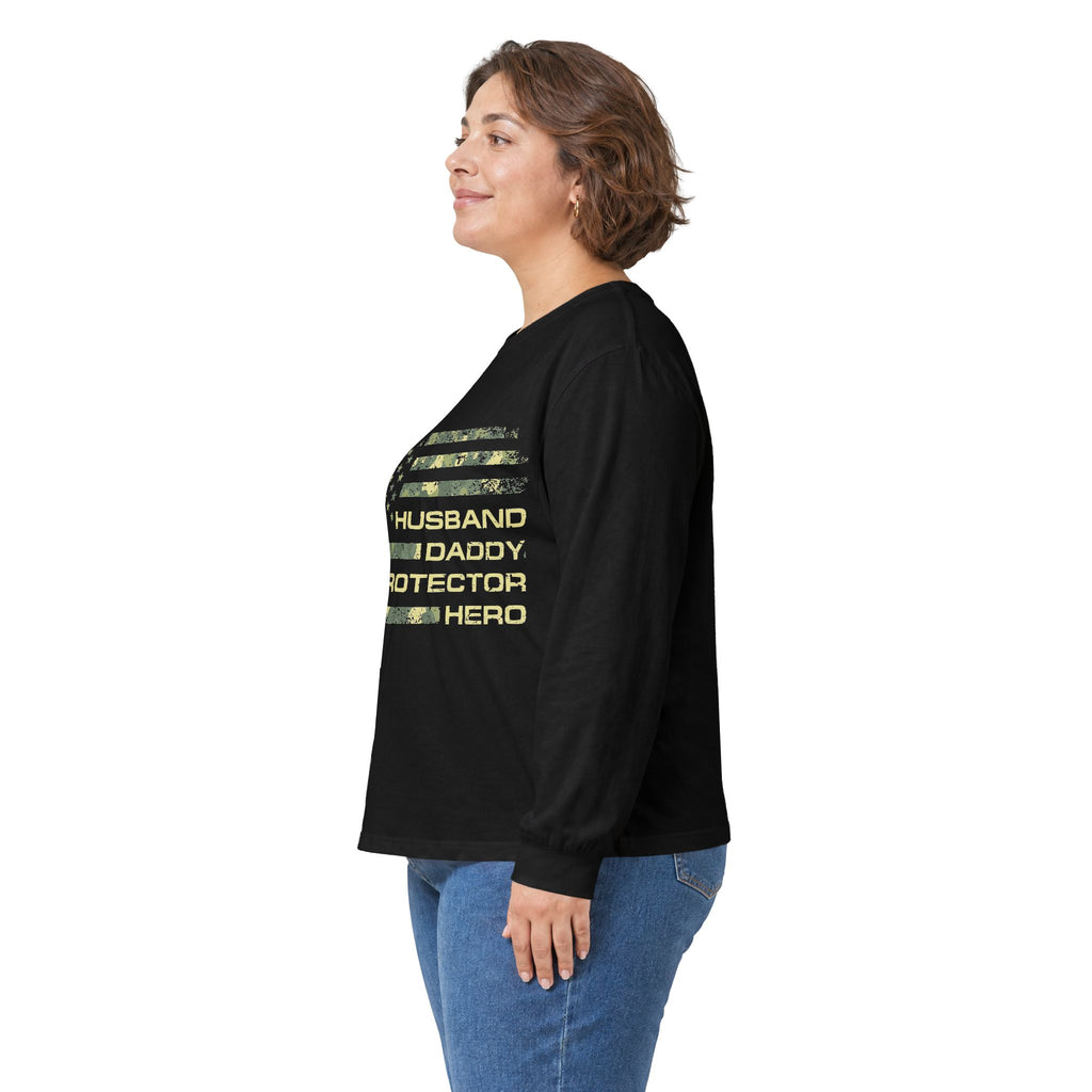 American Flag Camouflage 'Husband Daddy Protector Hero' Long Sleeve Tee