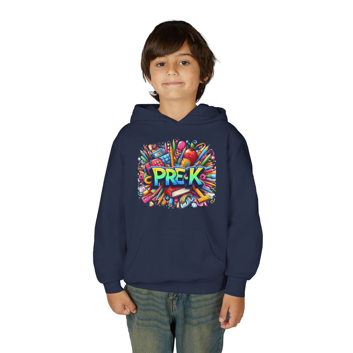 Pre-K Kids Hoodie - Colorful School Supplies Design, Preschool Back-to-School Sweatshirt