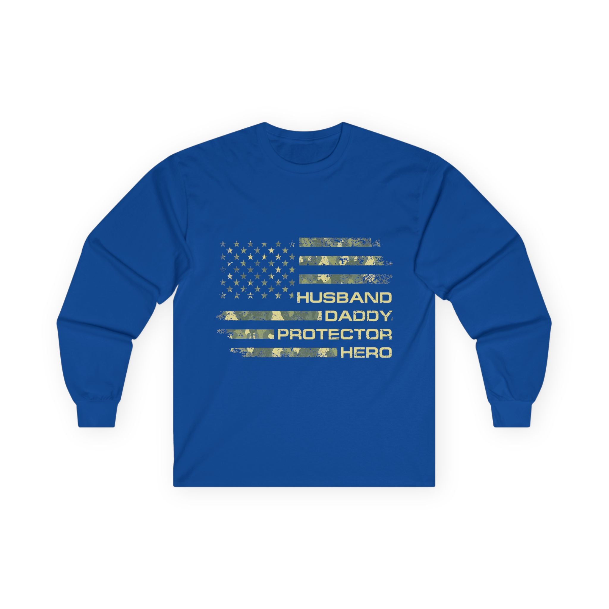 American Flag Camouflage 'Husband Daddy Protector Hero' Long Sleeve Tee