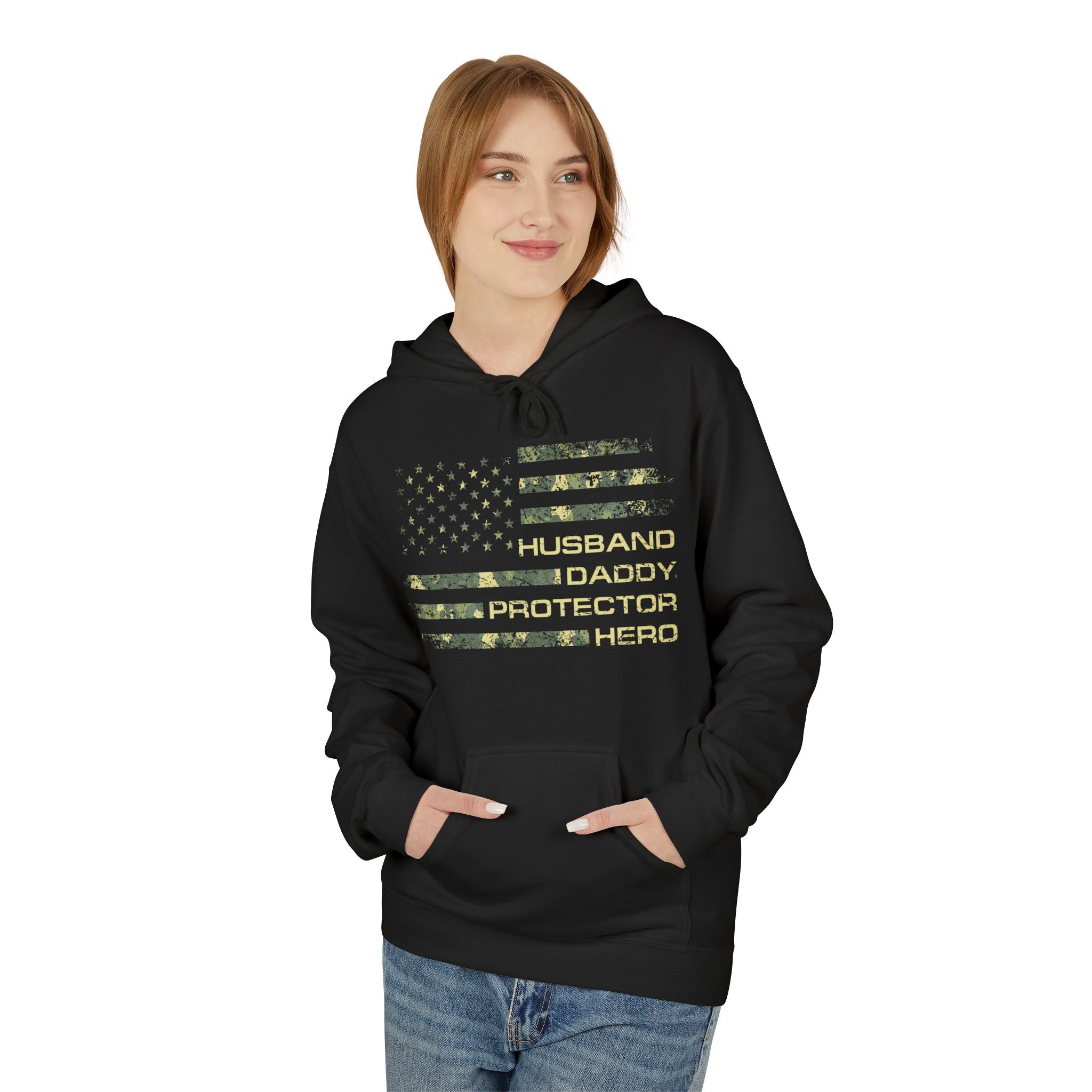 Veteran Tribute Flag Hoodie – 'Husband Daddy Protector Hero' Camouflage Pullover
