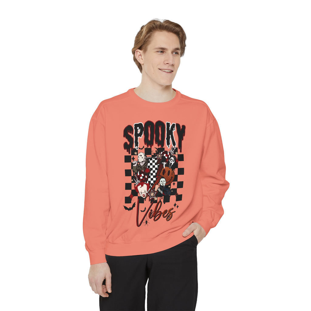 Spooky Vibes Sweatshirt — Halloween Retro Checkerboard Graphic