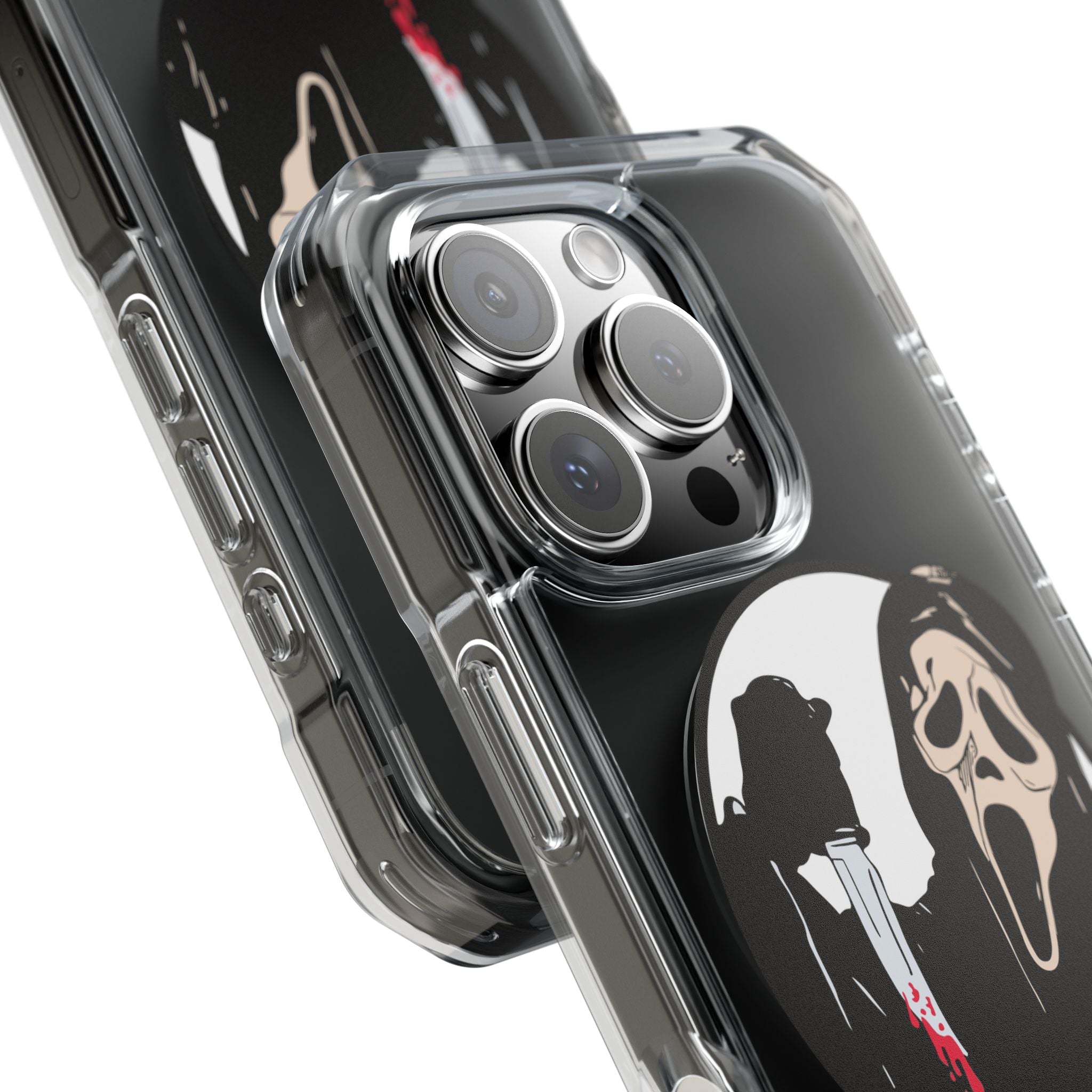 Clear Magnetic Phone Case — Scream Mask & Knife Horror Design