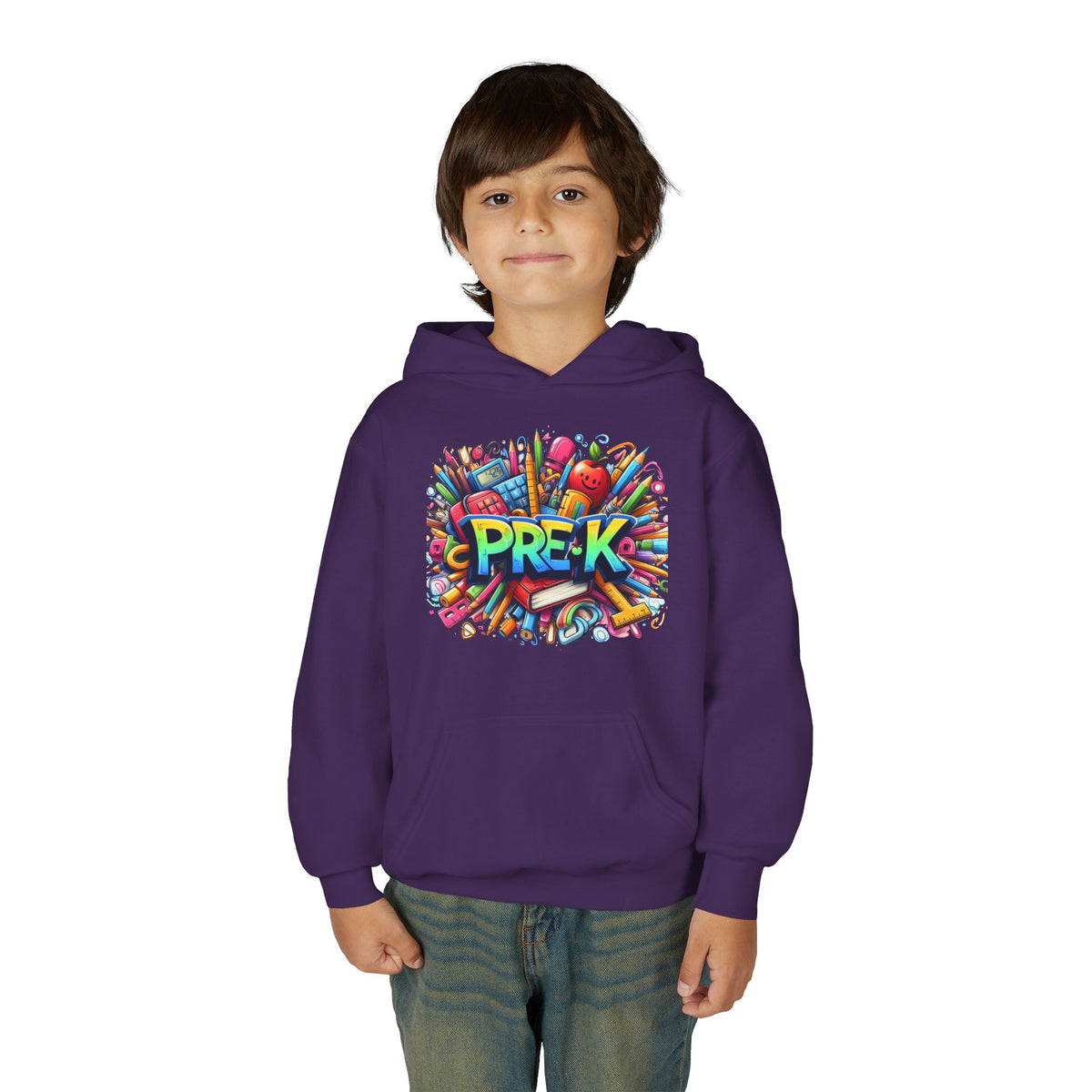 Pre-K Kids Hoodie - Colorful School Supplies Design, Preschool Back-to-School Sweatshirt
