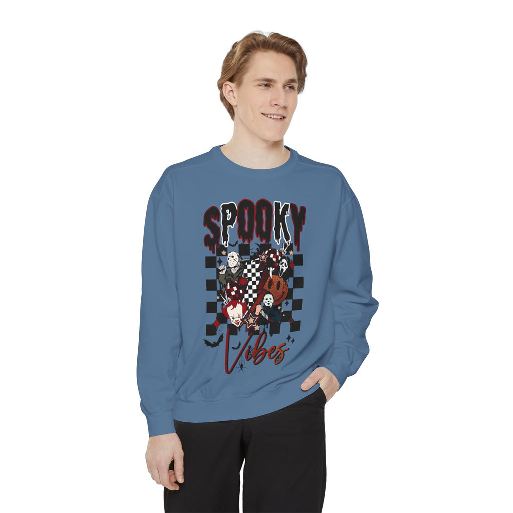 Spooky Vibes Sweatshirt — Halloween Retro Checkerboard Graphic