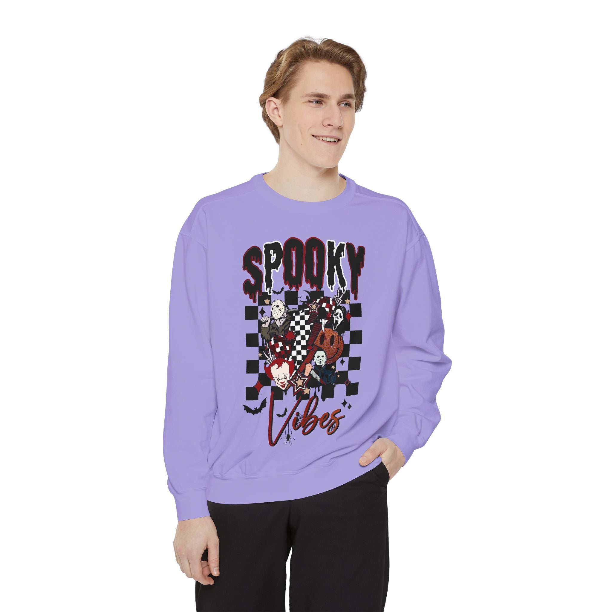 Spooky Vibes Sweatshirt — Halloween Retro Checkerboard Graphic