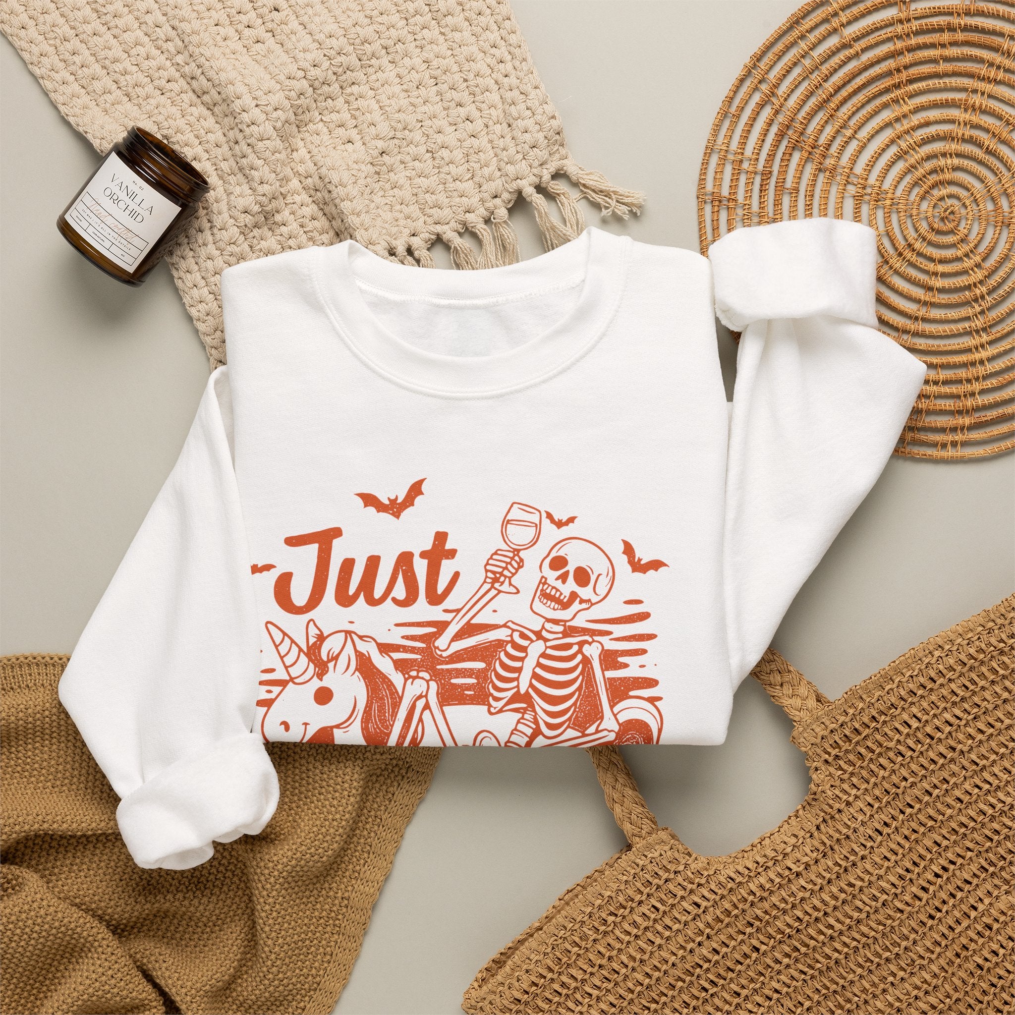 Halloween Sweatshirt — "Just Waiting for Halloween" Skeleton Unicorn Crewneck