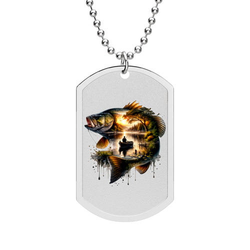 Bass Fish Dog Tag Necklace — Angler Fishing Pendant with Chain