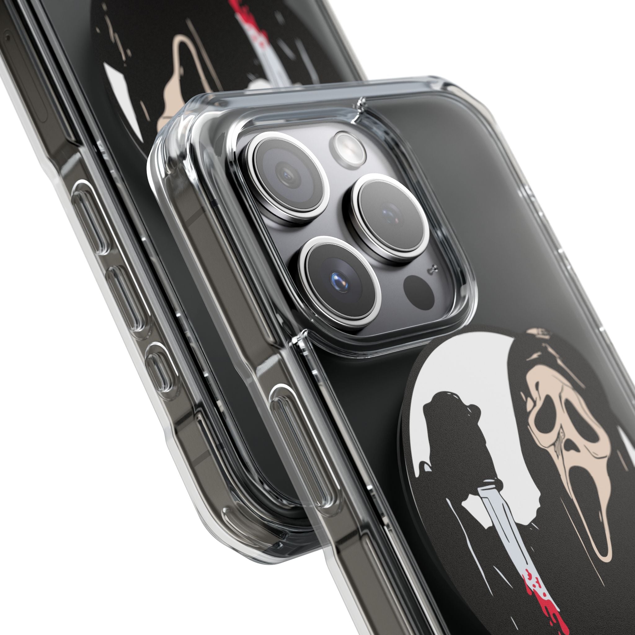 Clear Magnetic Phone Case — Scream Mask & Knife Horror Design