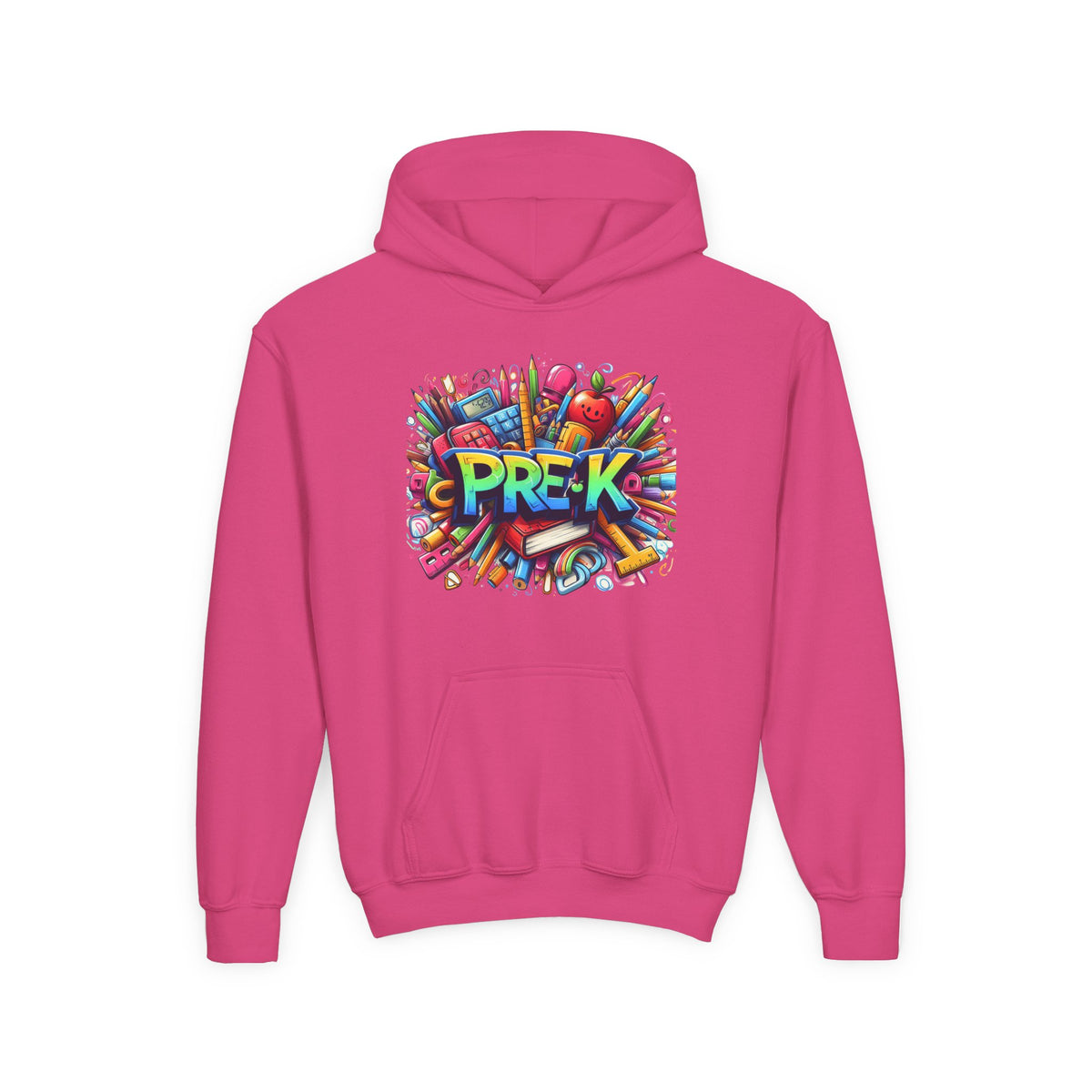 Pre-K Kids Hoodie - Colorful School Supplies Design, Preschool Back-to-School Sweatshirt