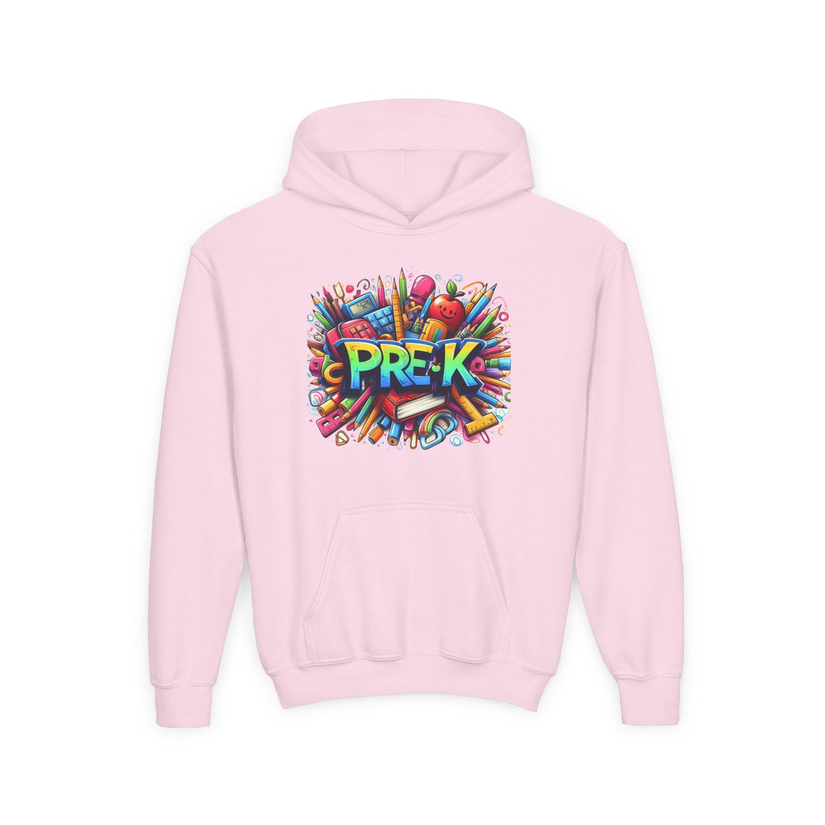 Pre-K Kids Hoodie - Colorful School Supplies Design, Preschool Back-to-School Sweatshirt