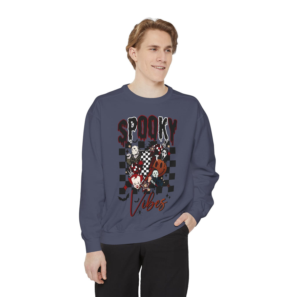 Spooky Vibes Sweatshirt — Halloween Retro Checkerboard Graphic