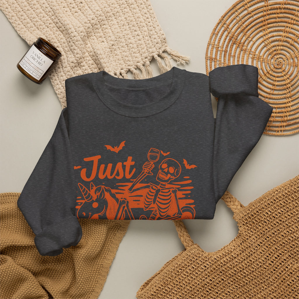 Halloween Sweatshirt — "Just Waiting for Halloween" Skeleton Unicorn Crewneck