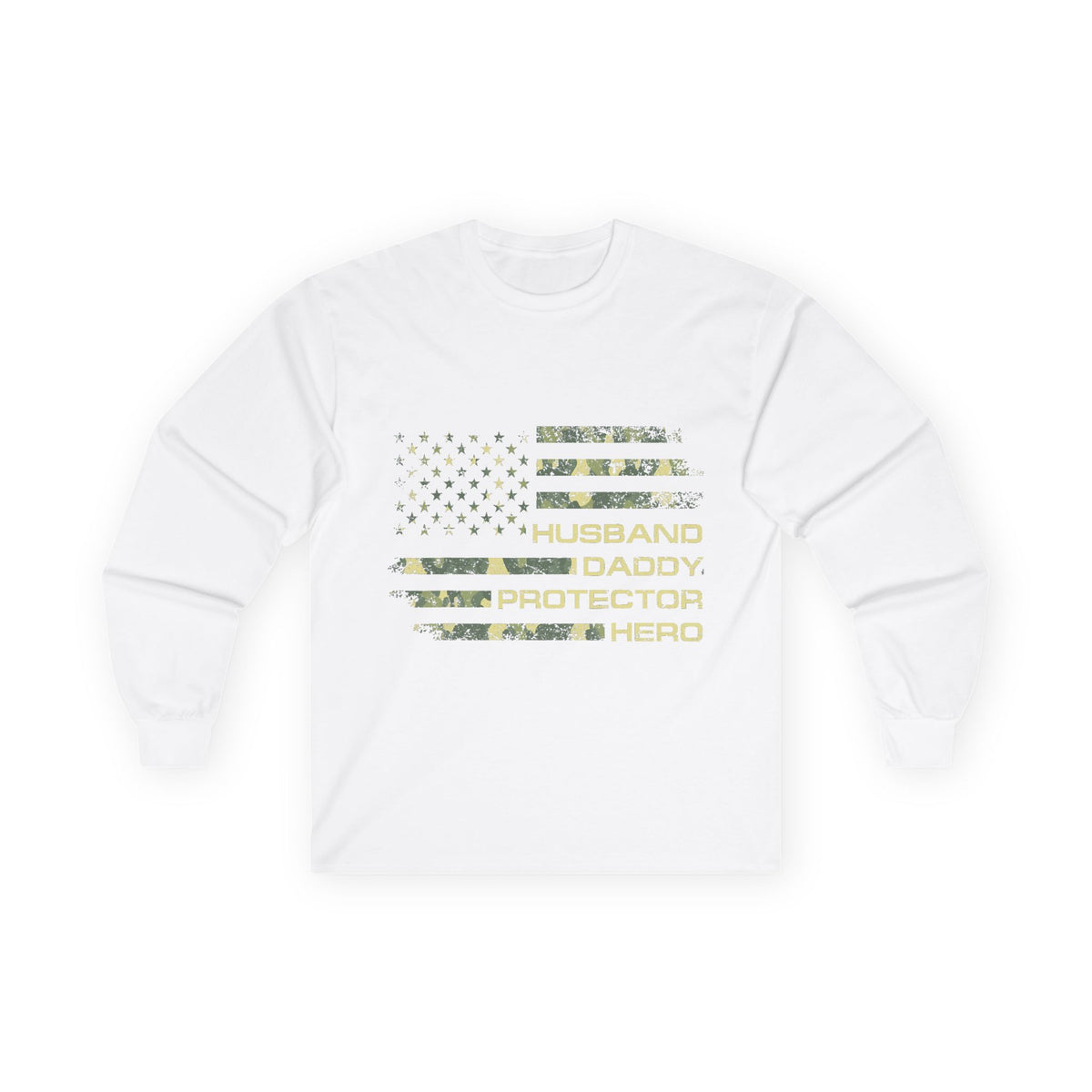 American Flag Camouflage 'Husband Daddy Protector Hero' Long Sleeve Tee